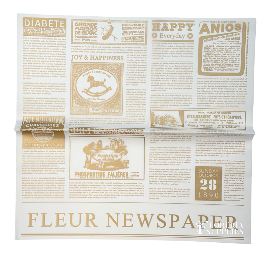 Newspaper Print White/Gold Transparent Floral Wrapping Paper