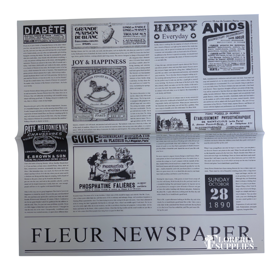 Newspaper Print Grey Transparent Floral Wrapping Paper
