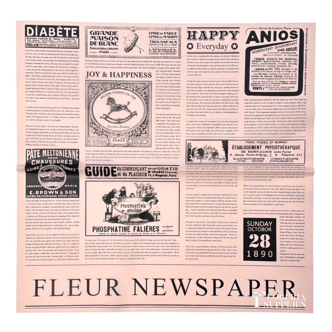 Newspaper Print Pink/Black Transparent Floral Wrapping Paper