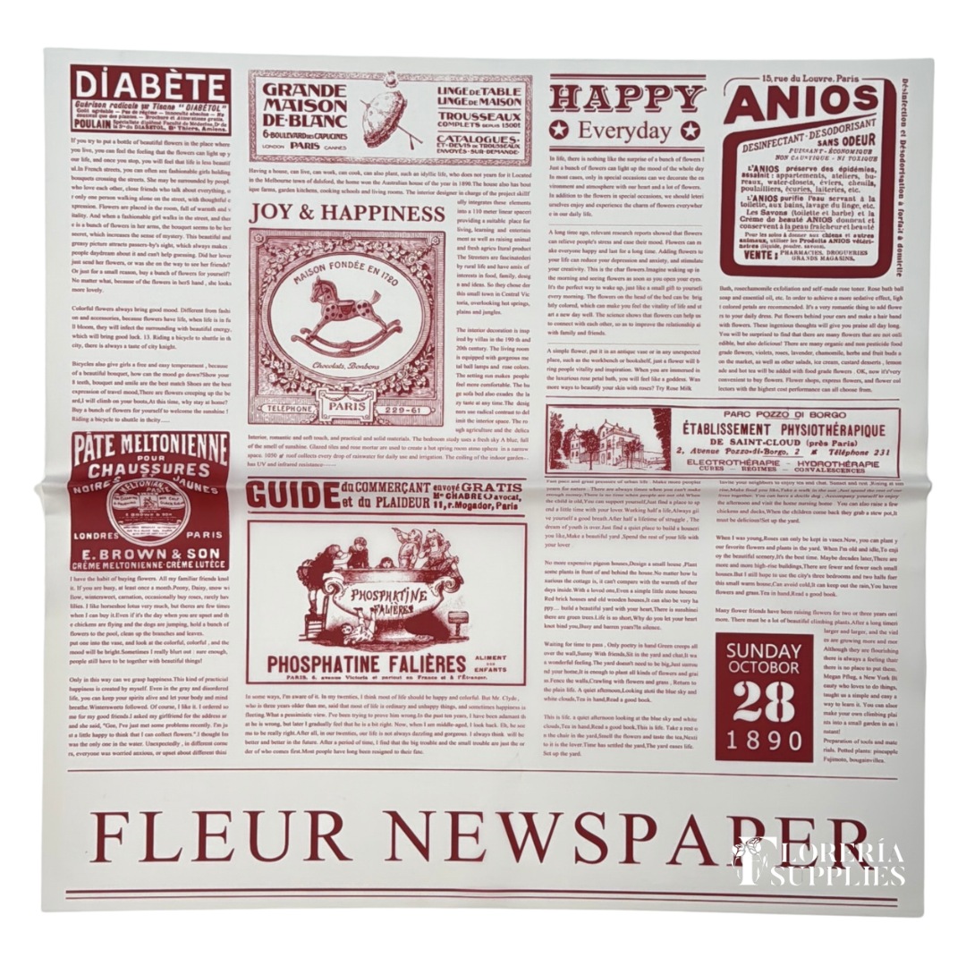 Newspaper Print White/Red Transparent Floral Wrapping Paper