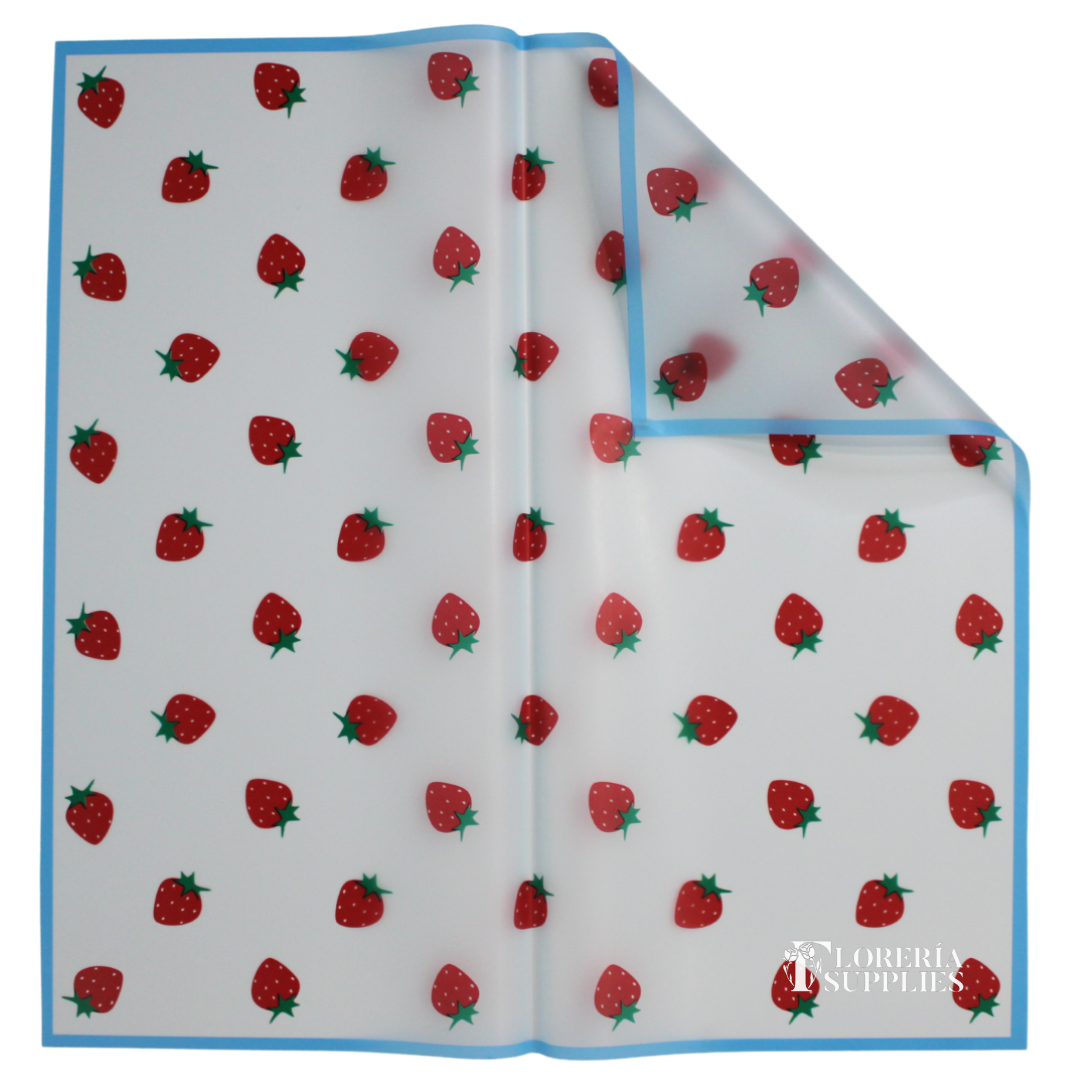 Blue Strawberry Print Floral Wrapping Paper