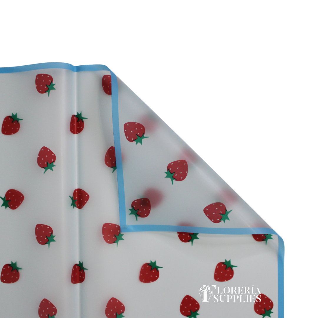 Blue Strawberry Print Floral Wrapping Paper