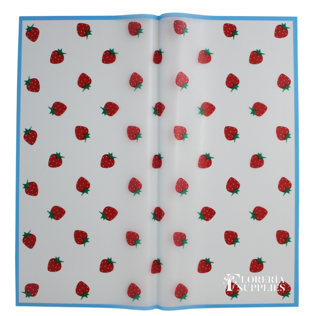 Blue Strawberry Print Floral Wrapping Paper